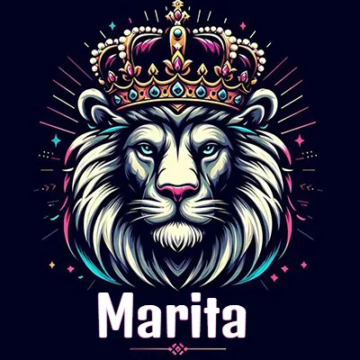 Dibujo majestuoso de león con corona enjoyada, rayos de luz detrás y nombre en la parte inferior. - Marita