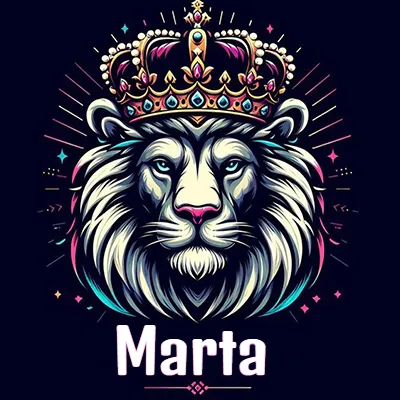Dibujo majestuoso de león con corona enjoyada, rayos de luz detrás y nombre en la parte inferior. - Marta