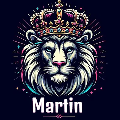 Dibujo majestuoso de león con corona enjoyada, rayos de luz detrás y nombre en la parte inferior. - Martin