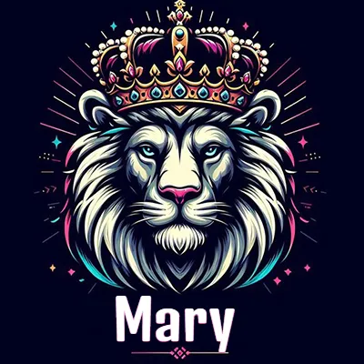 Rostro de león blanco y azul con expresiones serenas y seguras, llevando una corona real engastada con gemas púrpuras y perlas, con un fondo de líneas de luz coloridas que asemejan estrellas. El nombre Mary está escrito en una tipografía vertical simple debajo de la barbilla del león en el centro de la imagen. Rostro de león blanco y azul con expresiones serenas y seguras, llevando una corona real engastada con gemas púrpuras y perlas, con un fondo de líneas de luz coloridas que asemejan estrellas. El nombre Mary está escrito en una tipografía vertical simple debajo de la barbilla del león en el centro de la imagen.