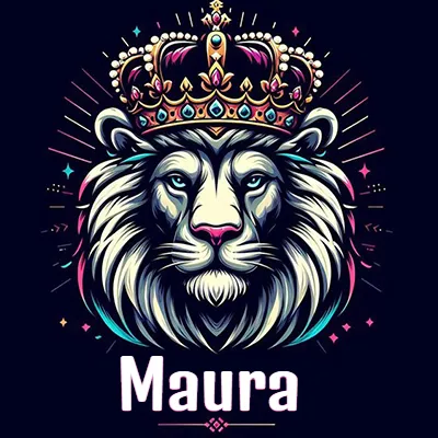 Dibujo majestuoso de león con corona enjoyada, rayos de luz detrás y nombre en la parte inferior. - Maura