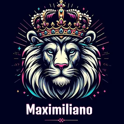 Dibujo majestuoso de león con corona enjoyada, rayos de luz detrás y nombre en la parte inferior. - Maximiliano