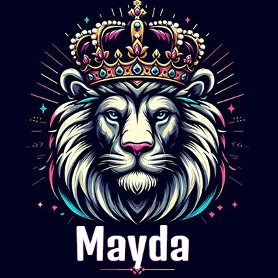 Dibujo majestuoso de león con corona enjoyada, rayos de luz detrás y nombre en la parte inferior. - Mayda