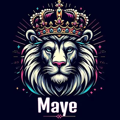 Dibujo majestuoso de león con corona enjoyada, rayos de luz detrás y nombre en la parte inferior. - Maye