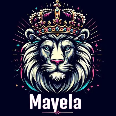 Dibujo majestuoso de león con corona enjoyada, rayos de luz detrás y nombre en la parte inferior. - Mayela