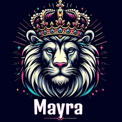 Dibujo majestuoso de león con corona enjoyada, rayos de luz detrás y nombre en la parte inferior. - Mayra