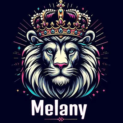 Dibujo majestuoso de león con corona enjoyada, rayos de luz detrás y nombre en la parte inferior. - Melany