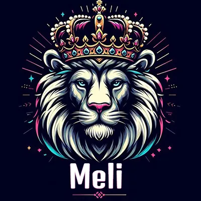 Dibujo majestuoso de león con corona enjoyada, rayos de luz detrás y nombre en la parte inferior. - Meli