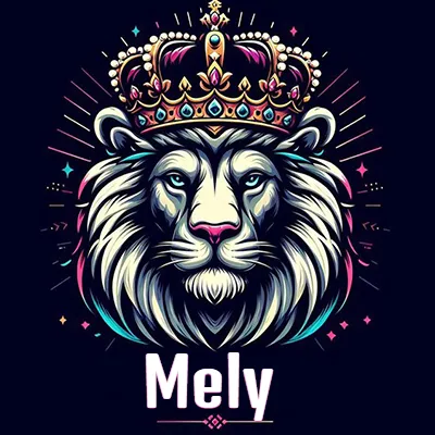 Dibujo majestuoso de león con corona enjoyada, rayos de luz detrás y nombre en la parte inferior. - Mely