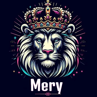 Dibujo majestuoso de león con corona enjoyada, rayos de luz detrás y nombre en la parte inferior. - Mery