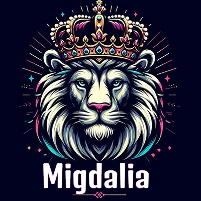 Dibujo majestuoso de león con corona enjoyada, rayos de luz detrás y nombre en la parte inferior. - Migdalia