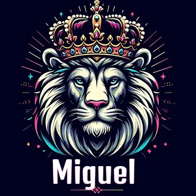 Dibujo majestuoso de león con corona enjoyada, rayos de luz detrás y nombre en la parte inferior. - Miguel