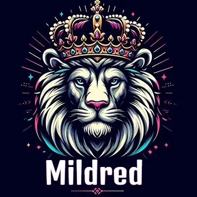 Dibujo majestuoso de león con corona enjoyada, rayos de luz detrás y nombre en la parte inferior. - Mildred
