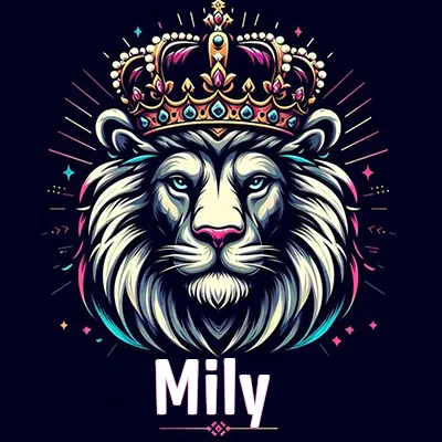 Dibujo majestuoso de león con corona enjoyada, rayos de luz detrás y nombre en la parte inferior. - Mily