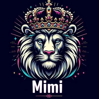 Dibujo majestuoso de león con corona enjoyada, rayos de luz detrás y nombre en la parte inferior. - Mimi