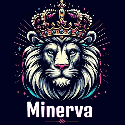 Dibujo majestuoso de león con corona enjoyada, rayos de luz detrás y nombre en la parte inferior. - Minerva