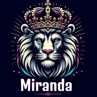 Dibujo majestuoso de león con corona enjoyada, rayos de luz detrás y nombre en la parte inferior. - Miranda