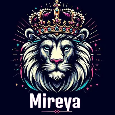 Dibujo majestuoso de león con corona enjoyada, rayos de luz detrás y nombre en la parte inferior. - Mireya