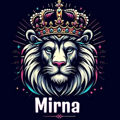 Dibujo majestuoso de león con corona enjoyada, rayos de luz detrás y nombre en la parte inferior. - Mirna