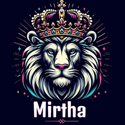 Dibujo majestuoso de león con corona enjoyada, rayos de luz detrás y nombre en la parte inferior. - Mirtha Dibujo majestuoso de león con corona enjoyada, rayos de luz detrás y nombre en la parte inferior. - Mirtha