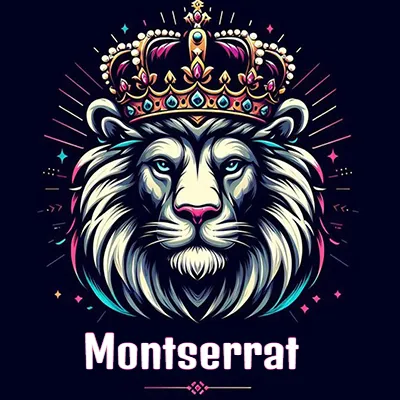 Dibujo majestuoso de león con corona enjoyada, rayos de luz detrás y nombre en la parte inferior. - Montserrat