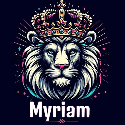 Dibujo majestuoso de león con corona enjoyada, rayos de luz detrás y nombre en la parte inferior. - Myriam