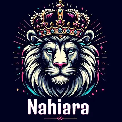 Dibujo majestuoso de león con corona enjoyada, rayos de luz detrás y nombre en la parte inferior. - Nahiara