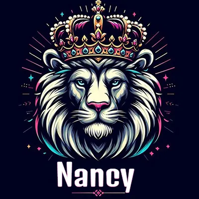 Dibujo majestuoso de león con corona enjoyada, rayos de luz detrás y nombre en la parte inferior. - Nancy Dibujo majestuoso de león con corona enjoyada, rayos de luz detrás y nombre en la parte inferior. - Nancy