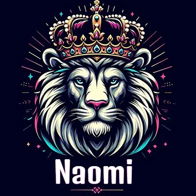 Dibujo majestuoso de león con corona enjoyada, rayos de luz detrás y nombre en la parte inferior. - Naomi