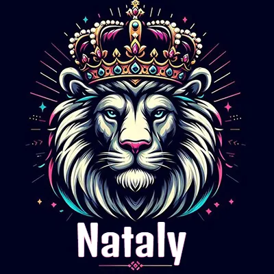 Dibujo majestuoso de león con corona enjoyada, rayos de luz detrás y nombre en la parte inferior. - Nataly