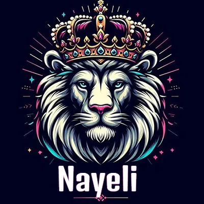 Dibujo majestuoso de león con corona enjoyada, rayos de luz detrás y nombre en la parte inferior. - Nayeli