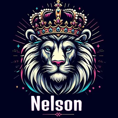 Dibujo majestuoso de león con corona enjoyada, rayos de luz detrás y nombre en la parte inferior. - Nelson