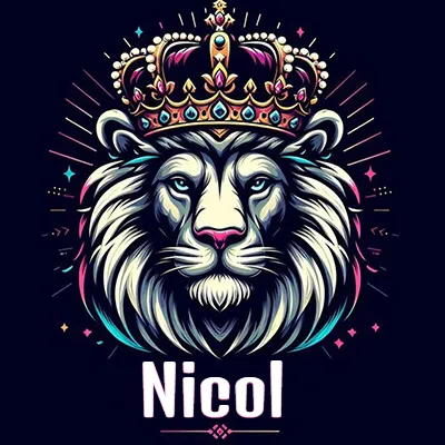 Dibujo majestuoso de león con corona enjoyada, rayos de luz detrás y nombre en la parte inferior. - Nicol