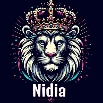 Dibujo majestuoso de león con corona enjoyada, rayos de luz detrás y nombre en la parte inferior. - Nidia