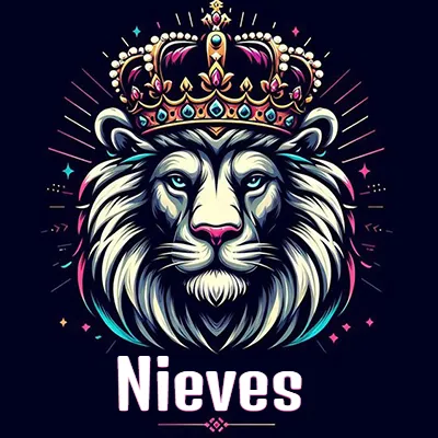 Dibujo majestuoso de león con corona enjoyada, rayos de luz detrás y nombre en la parte inferior. - Nieves