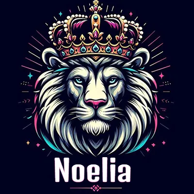 Dibujo majestuoso de león con corona enjoyada, rayos de luz detrás y nombre en la parte inferior. - Noelia