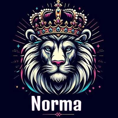 Dibujo majestuoso de león con corona enjoyada, rayos de luz detrás y nombre en la parte inferior. - Norma