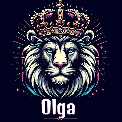 Dibujo majestuoso de león con corona enjoyada, rayos de luz detrás y nombre en la parte inferior. - Olga Dibujo majestuoso de león con corona enjoyada, rayos de luz detrás y nombre en la parte inferior. - Olga
