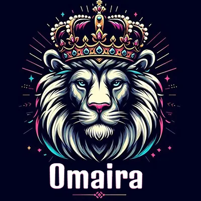 Dibujo majestuoso de león con corona enjoyada, rayos de luz detrás y nombre en la parte inferior. - Omaira