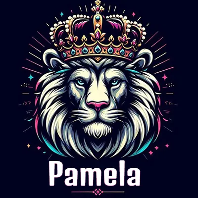 Dibujo majestuoso de león con corona enjoyada, rayos de luz detrás y nombre en la parte inferior. - Pamela