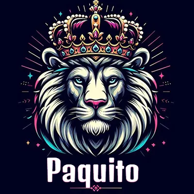 Dibujo majestuoso de león con corona enjoyada, rayos de luz detrás y nombre en la parte inferior. - Paquito