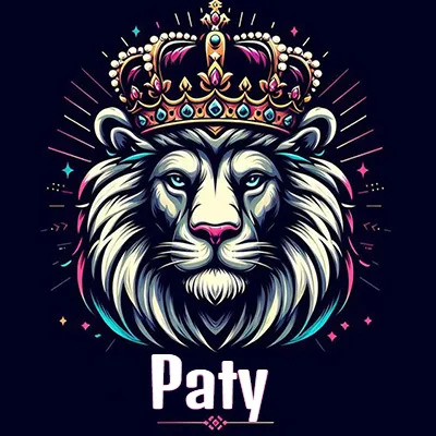 Dibujo majestuoso de león con corona enjoyada, rayos de luz detrás y nombre en la parte inferior. - Paty Dibujo majestuoso de león con corona enjoyada, rayos de luz detrás y nombre en la parte inferior. - Paty