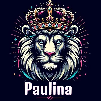 Dibujo majestuoso de león con corona enjoyada, rayos de luz detrás y nombre en la parte inferior. - Paulina
