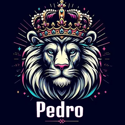 Dibujo majestuoso de león con corona enjoyada, rayos de luz detrás y nombre en la parte inferior. - Pedro