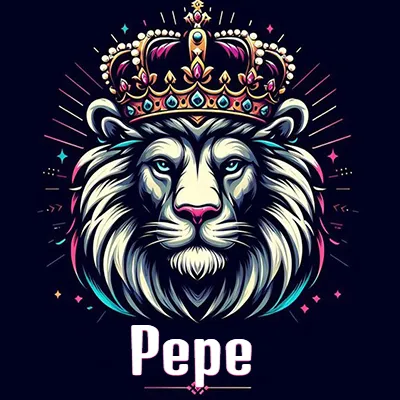 Dibujo majestuoso de león con corona enjoyada, rayos de luz detrás y nombre en la parte inferior. - Pepe