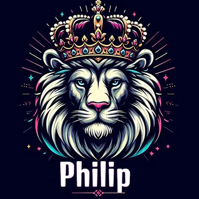 Dibujo majestuoso de león con corona enjoyada, rayos de luz detrás y nombre en la parte inferior. - Philip