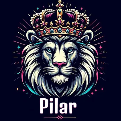 Dibujo majestuoso de león con corona enjoyada, rayos de luz detrás y nombre en la parte inferior. - Pilar
