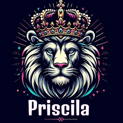 Dibujo majestuoso de león con corona enjoyada, rayos de luz detrás y nombre en la parte inferior. - Priscila