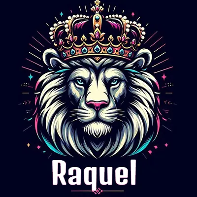 Dibujo majestuoso de león con corona enjoyada, rayos de luz detrás y nombre en la parte inferior. - Raquel