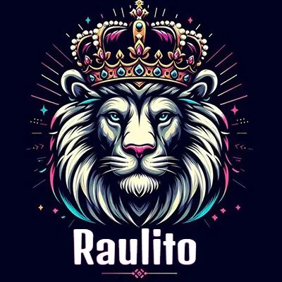 Dibujo majestuoso de león con corona enjoyada, rayos de luz detrás y nombre en la parte inferior. - Raulito